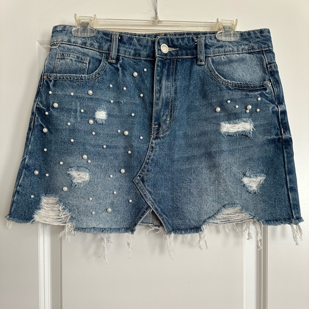 Angel Kiss Denim mini distressed skirt